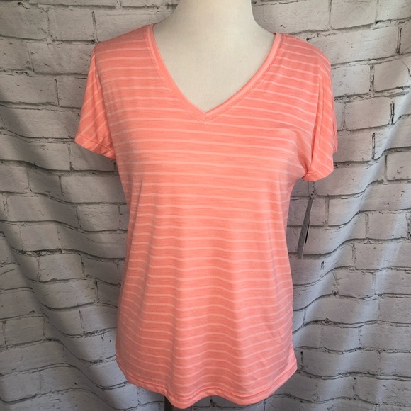 Ideology Coral Pink Striped V-Neck Tee Shirt, Short Sleeve, Multiple Sizes, NWT! - Picture 2 of 13
